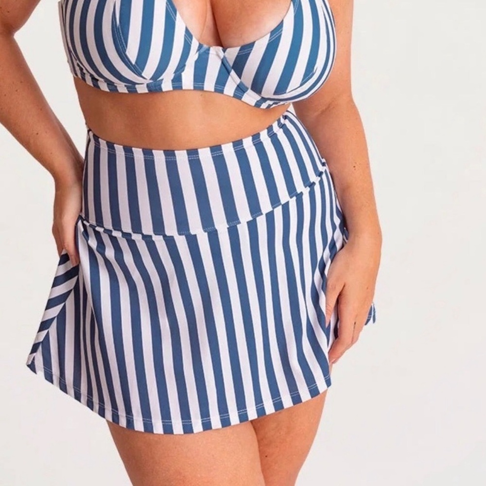NEW Shapermint Navy & White High Waisted Full Coverage Striped Swim Skirt ~ M